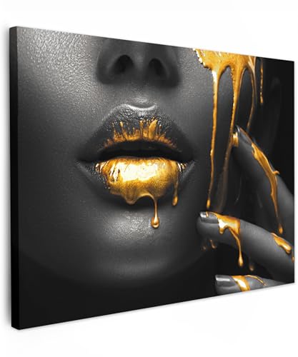 MuchoWow© Cuadros para Salon 70x50 cm Foto con Lienzo Canvas Laminas Cuadro Dormitorio Decoracion Hogar Pared Quadro Mujer - Negro - Oro - Cara - Labios