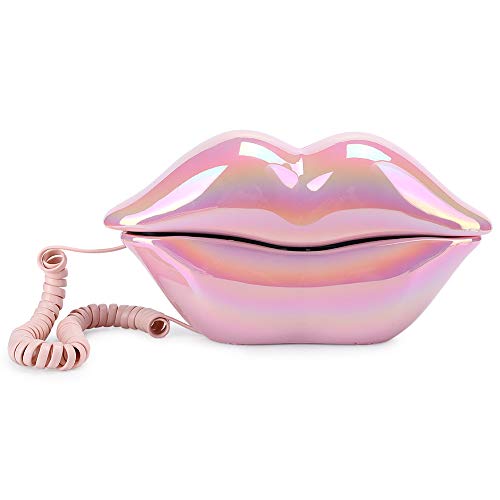 Lips Teléfono fijo, divertido teléfono con cable galvanizado, teléfono de plástico con labios rosados, teléfono de moda con forma de labios con función de almacenamiento de números para oficina