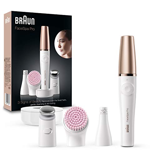 Braun FaceSpa Pro Depiladora Eléctrica Facial Mujer, Todo en 1 con Cepillo de Limpieza, Base de Carga, Inalámbrica, SE 912, Blanco/Bronce