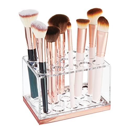 mDesign Práctico expositor de maquillaje – Decorativo organizador de cosméticos para máscara o labiales – Caja para guardar maquillaje con 15 compartimentos – transparente/dorado rojizo