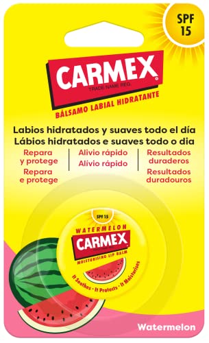 Carmex Bálsamo Labial SPF15, Tarro Sandía, 7,5g. Hidrata, protege, repara, calma y suaviza los labios.