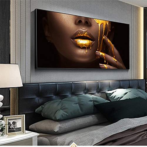 Gran tamaño Labios atractivos dorados Cuadro de mujer negra africana Pintura en lienzo Pintura al óleo Cuadro de arte de pared Póster Decoración moderna 70x140cm (27 