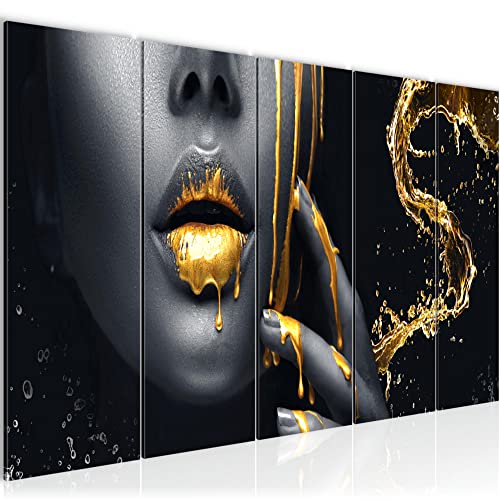 Runa Art Cuadro XXL labios dorados 200 x 80 cm oro negro 5 Piezas - Made in Germany - 041555a