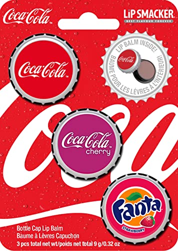 Lip Smacker Coca-Cola Collection, Set de Brillos de Labios de varios sabores y diseño del icónico tapón de botella, Sabor Coca Cola, Coca Cola Cereza y Fanta Fresa.