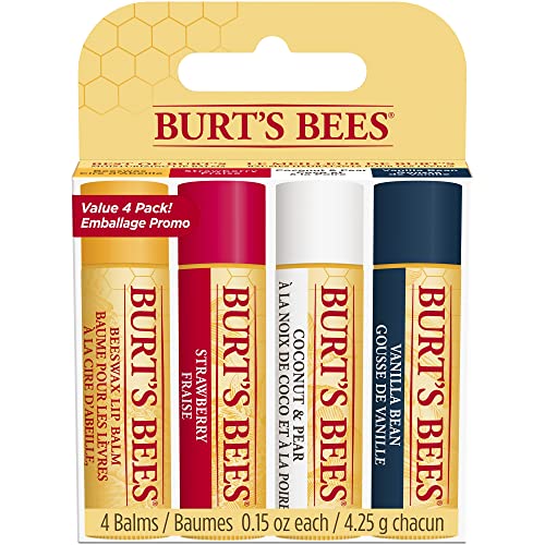 Burt's Bees Paquete múltiple de bálsamo labial, cera de abejas, fresa, coco y pera, vainilla, Best of Burt's, 4 x 4.25 gramos