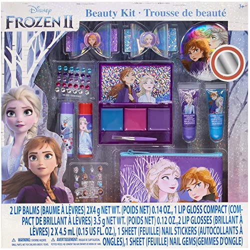 Disney Frozen - Townley Girl Set de maquillaje cosmético para niñas con clips, brillo de labios, pegatinas para uñas, bálsamo labial, gemas para uñas y espejo