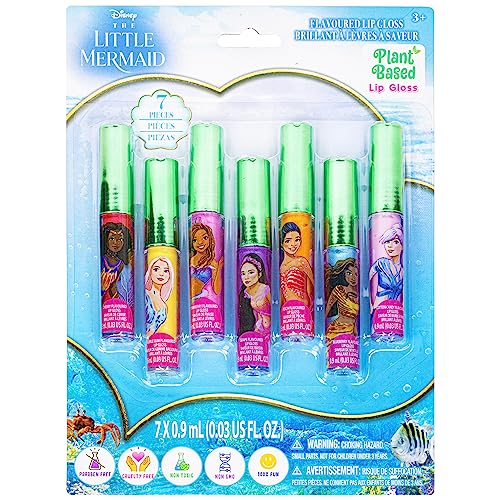 Townley Girl Disney's The Little Mermaid Super Sparkly 7 piezas Party Favor Plant Based Lip Gloss Makeup Set para niñas, cambios de imagen, regalo de cumpleaños para niñas mayores de 3 años